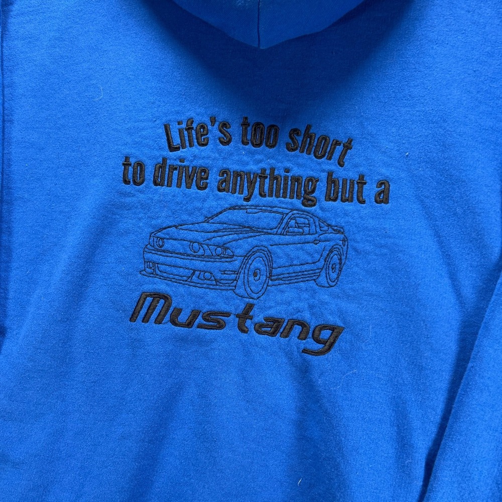Ford Mustang Hoodie Mens Medium Royal Blue Pullover Fleece Sweatshirt Y2K - Picture 3 of 10